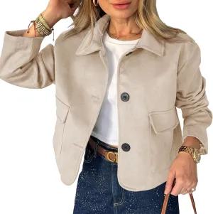Tankaneo Womens Faux Suede Leather Jackets Casual Cropped Coats Vintage Button Down Shackets