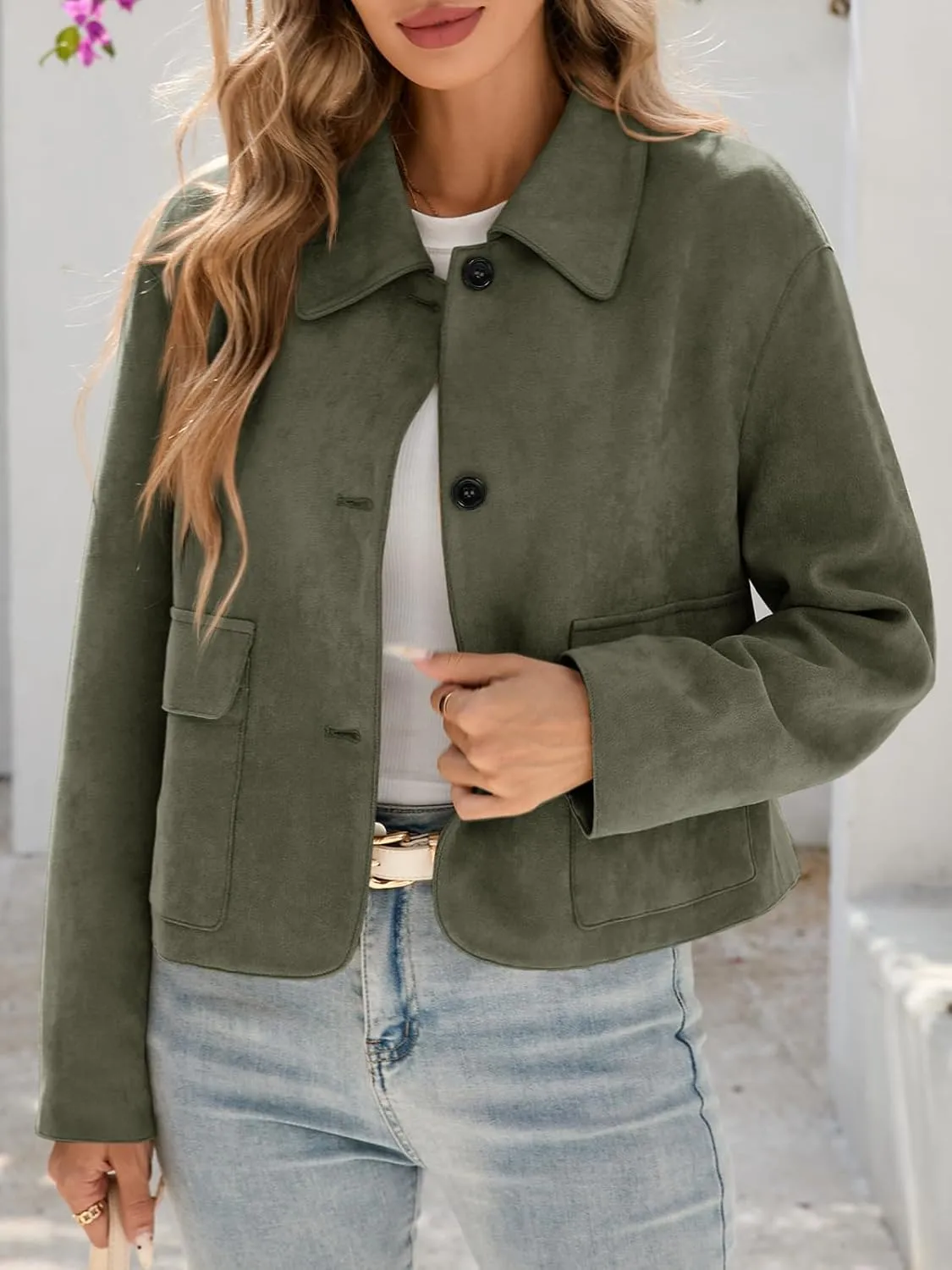 Tankaneo Womens Faux Suede Leather Jackets Casual Cropped Coats Vintage Button Down Shackets