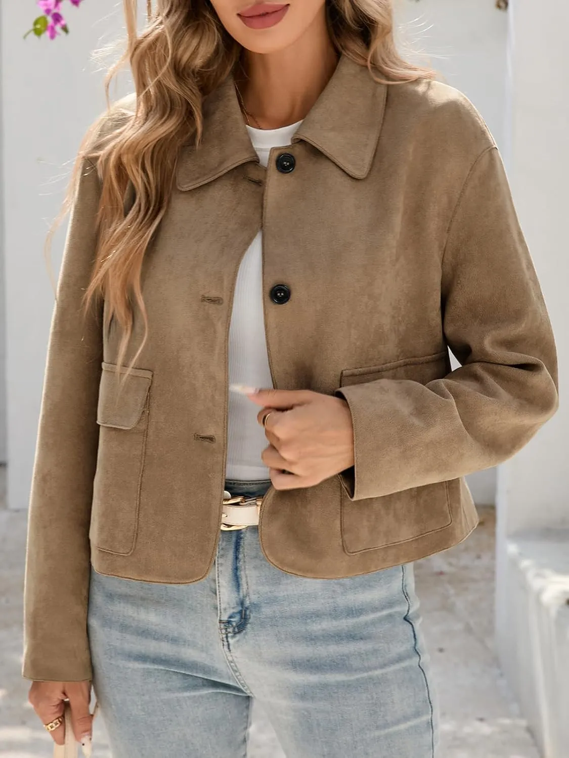 Tankaneo Womens Faux Suede Leather Jackets Casual Cropped Coats Vintage Button Down Shackets