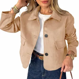 Tankaneo Womens Faux Suede Leather Jackets Casual Cropped Coats Vintage Button Down Shackets