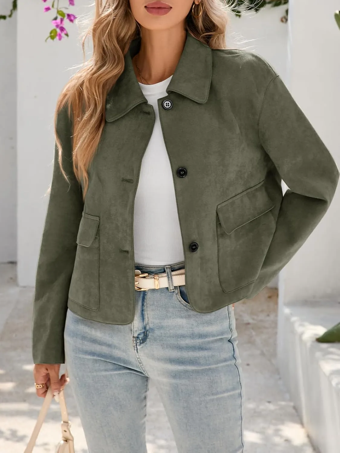 Tankaneo Womens Faux Suede Leather Jackets Casual Cropped Coats Vintage Button Down Shackets