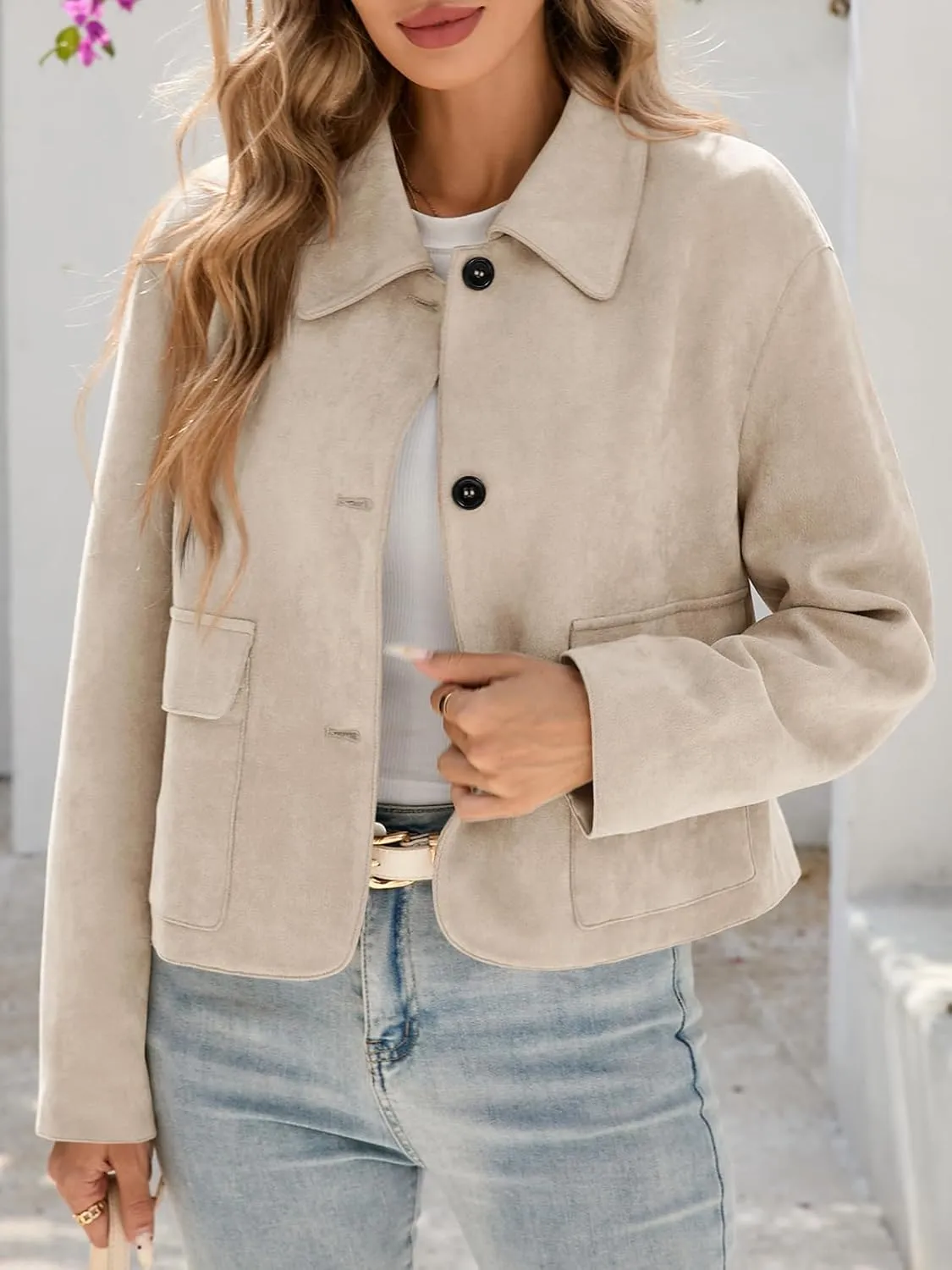 Tankaneo Womens Faux Suede Leather Jackets Casual Cropped Coats Vintage Button Down Shackets