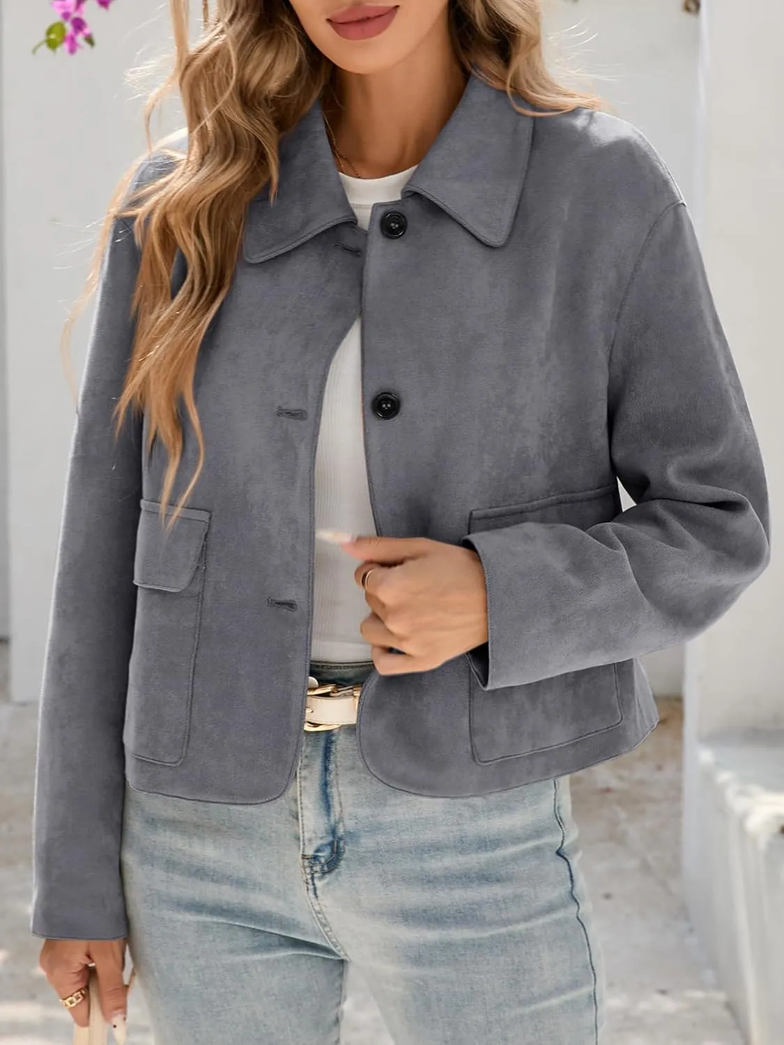 Tankaneo Womens Faux Suede Leather Jackets Casual Cropped Coats Vintage Button Down Shackets