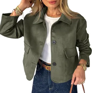Tankaneo Womens Faux Suede Leather Jackets Casual Cropped Coats Vintage Button Down Shackets