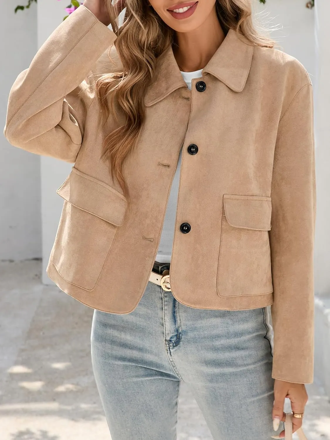 Tankaneo Womens Faux Suede Leather Jackets Casual Cropped Coats Vintage Button Down Shackets
