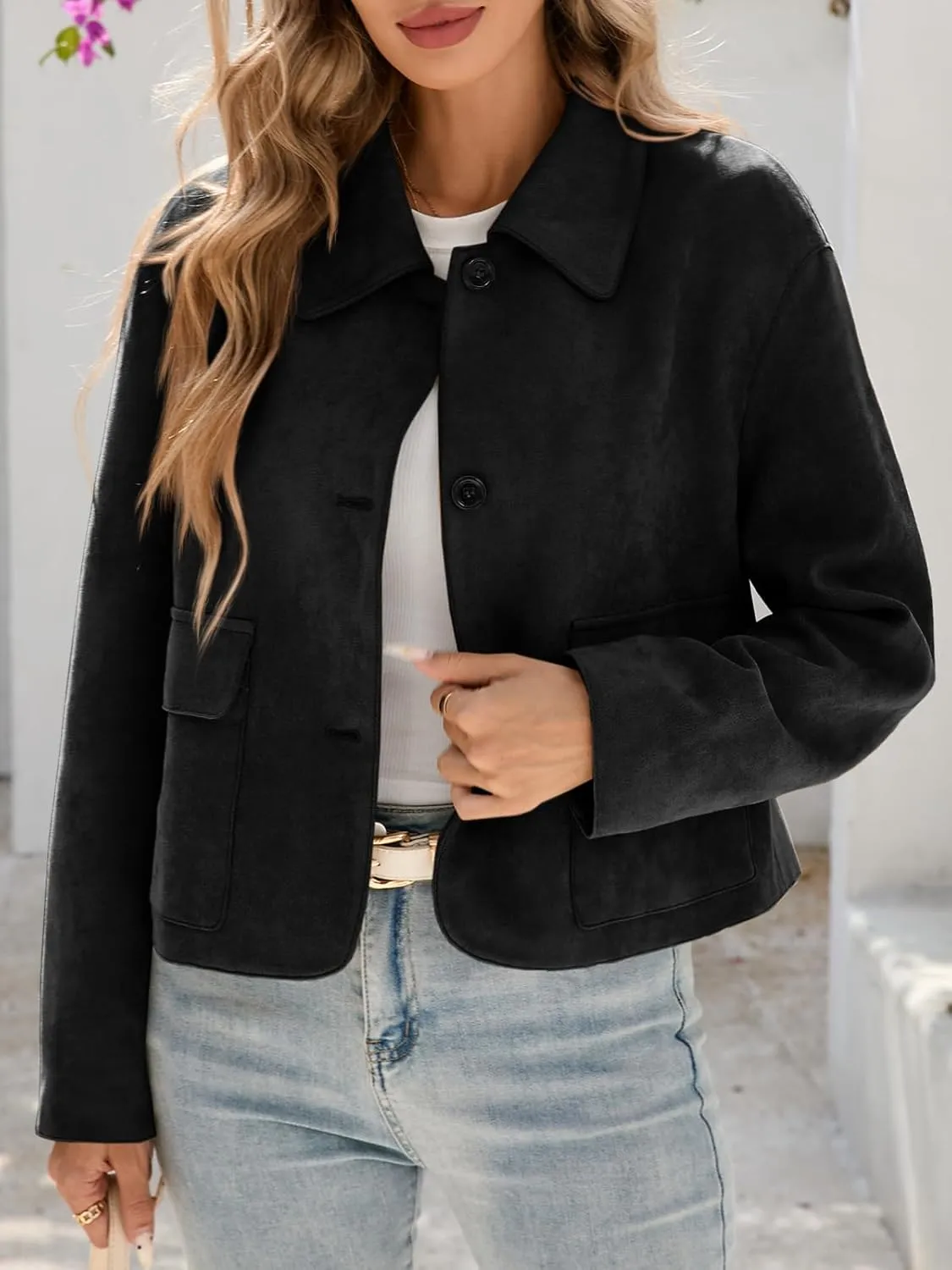 Tankaneo Womens Faux Suede Leather Jackets Casual Cropped Coats Vintage Button Down Shackets