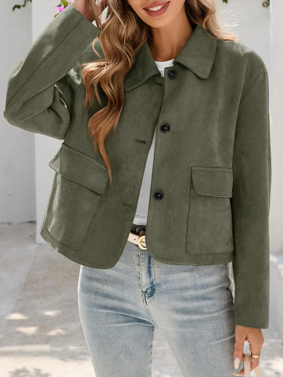 Tankaneo Womens Faux Suede Leather Jackets Casual Cropped Coats Vintage Button Down Shackets
