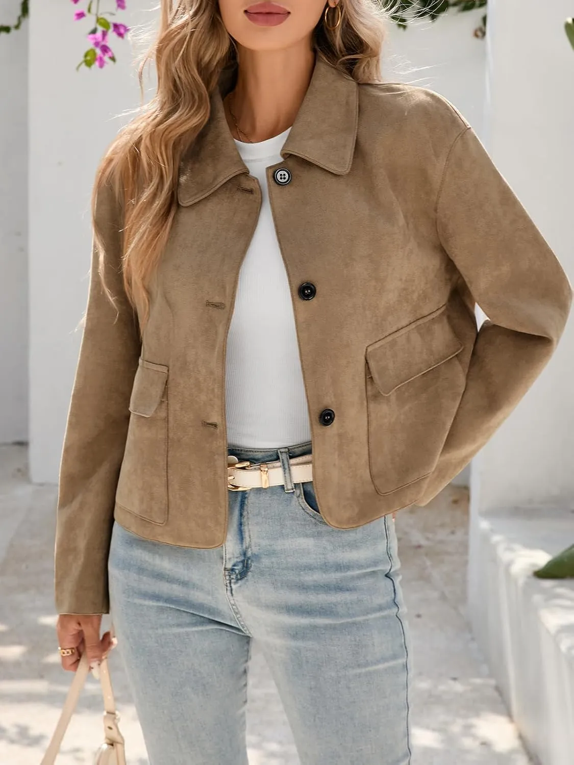 Tankaneo Womens Faux Suede Leather Jackets Casual Cropped Coats Vintage Button Down Shackets