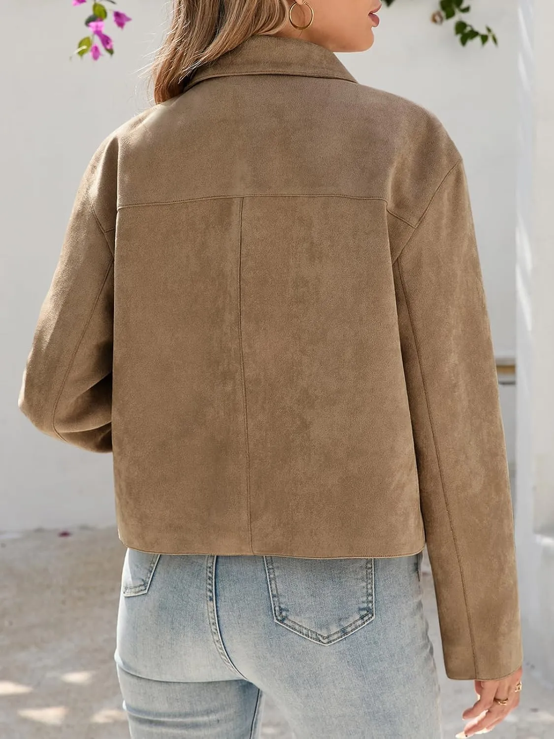 Tankaneo Womens Faux Suede Leather Jackets Casual Cropped Coats Vintage Button Down Shackets