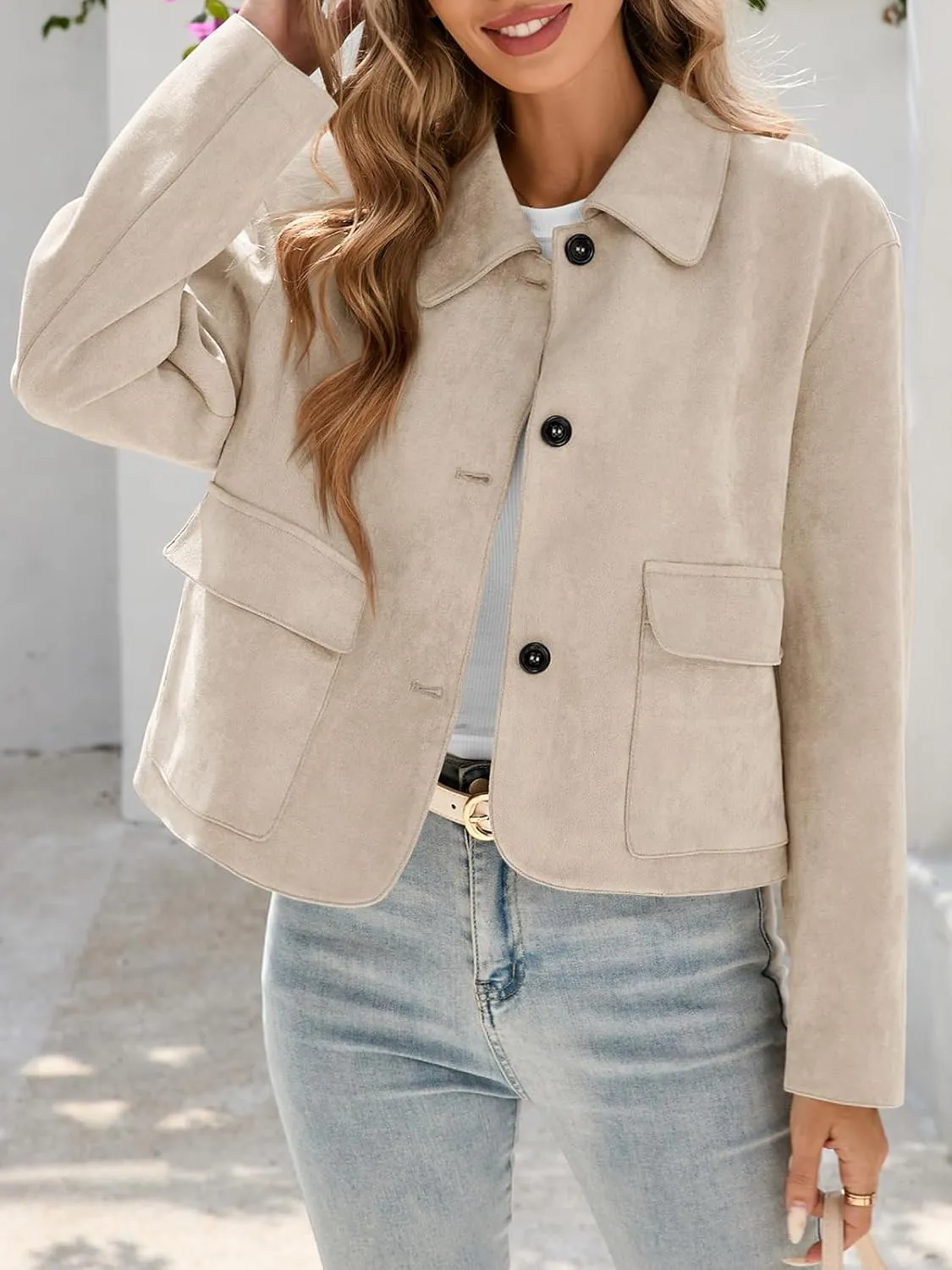 Tankaneo Womens Faux Suede Leather Jackets Casual Cropped Coats Vintage Button Down Shackets