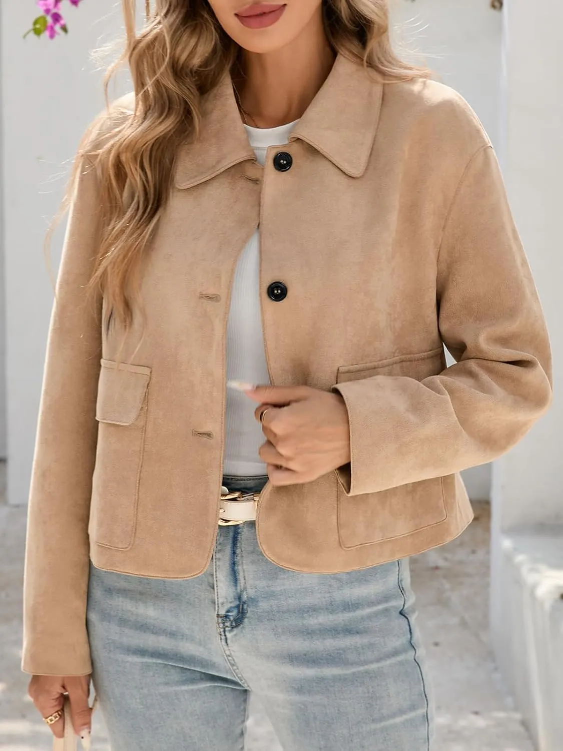 Tankaneo Womens Faux Suede Leather Jackets Casual Cropped Coats Vintage Button Down Shackets