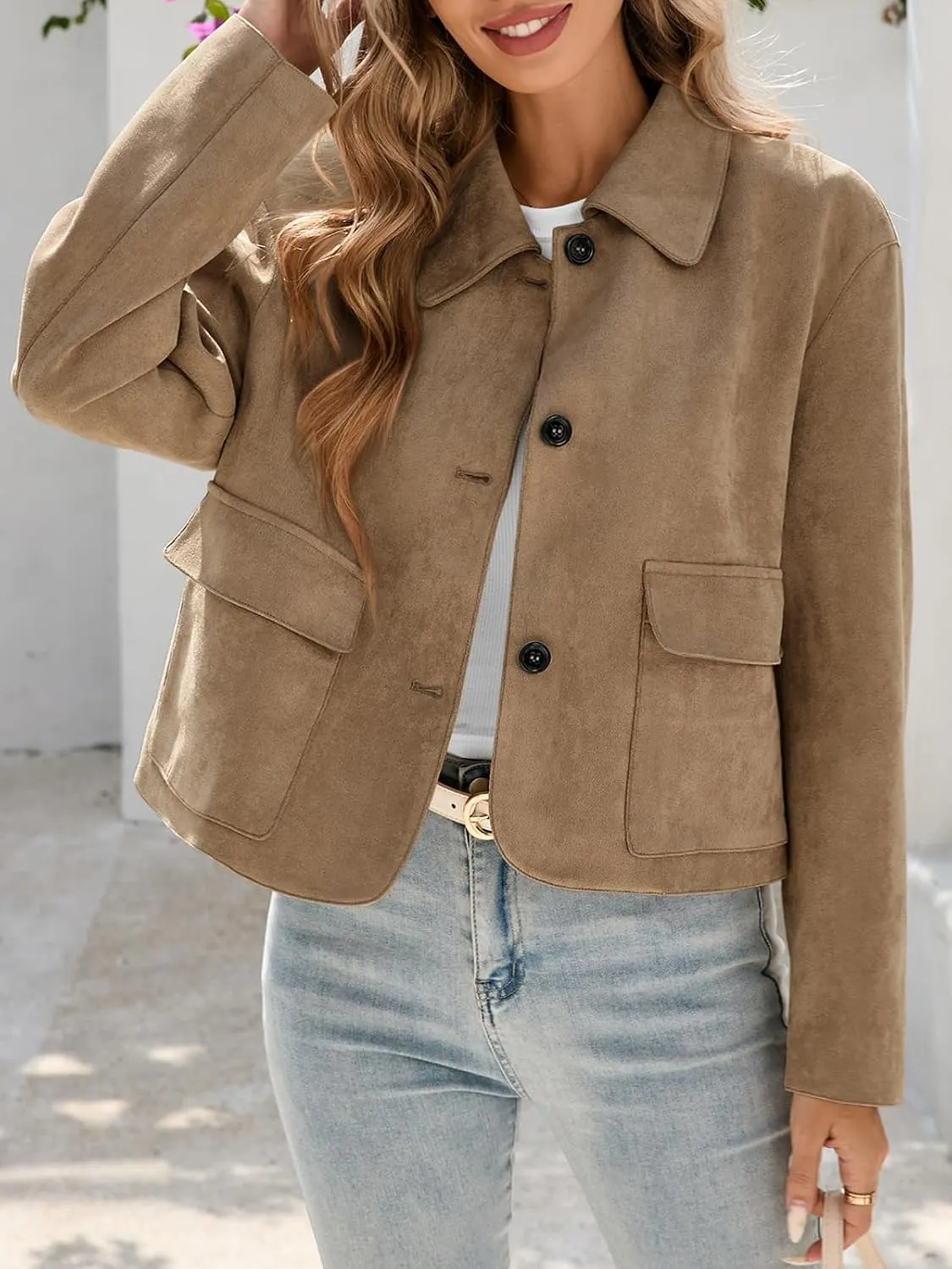Tankaneo Womens Faux Suede Leather Jackets Casual Cropped Coats Vintage Button Down Shackets
