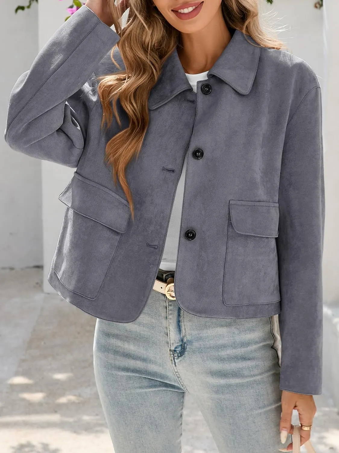 Tankaneo Womens Faux Suede Leather Jackets Casual Cropped Coats Vintage Button Down Shackets