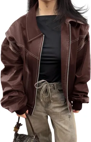 Tankaneo Womens Oversized Leather Bomber Jackets Cap Sleeve Zip Up Motorcycle Coats with Pockets