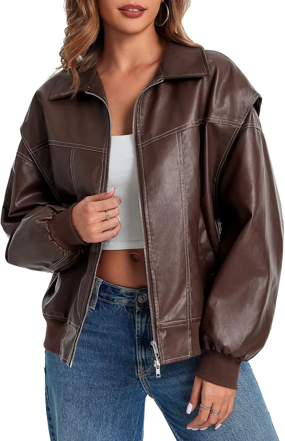 Tankaneo Womens Oversized Leather Bomber Jackets Cap Sleeve Zip Up Motorcycle Coats with Pockets