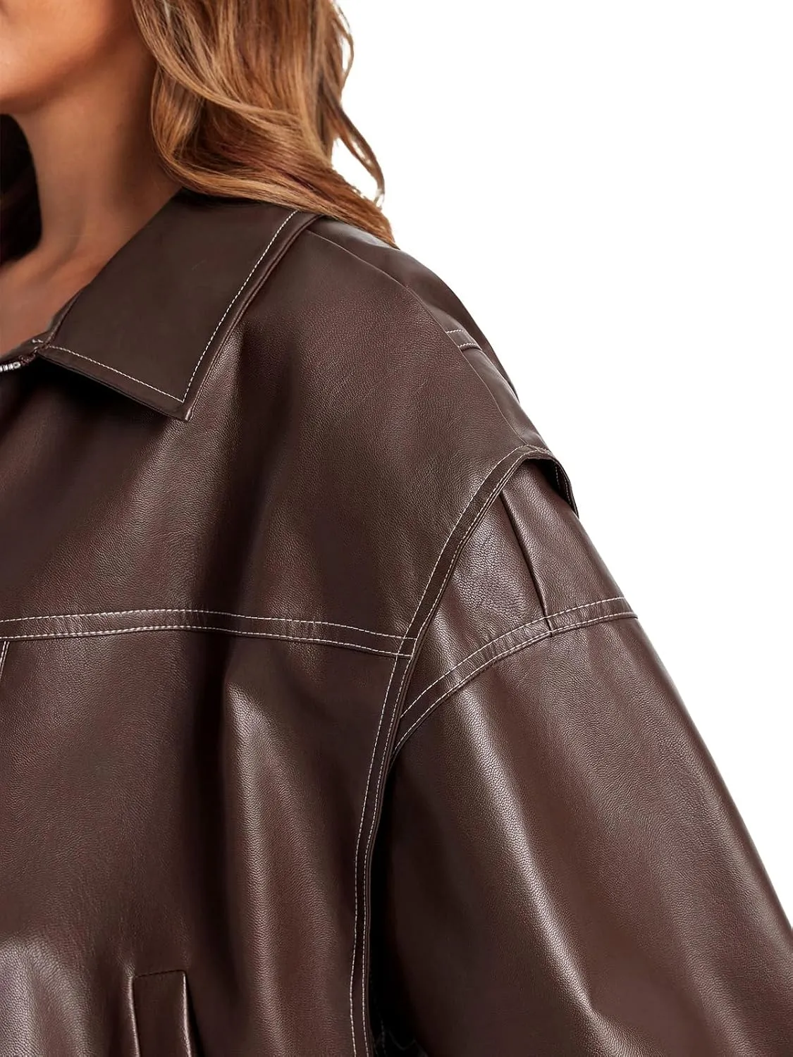 Tankaneo Womens Oversized Leather Bomber Jackets Cap Sleeve Zip Up Motorcycle Coats with Pockets