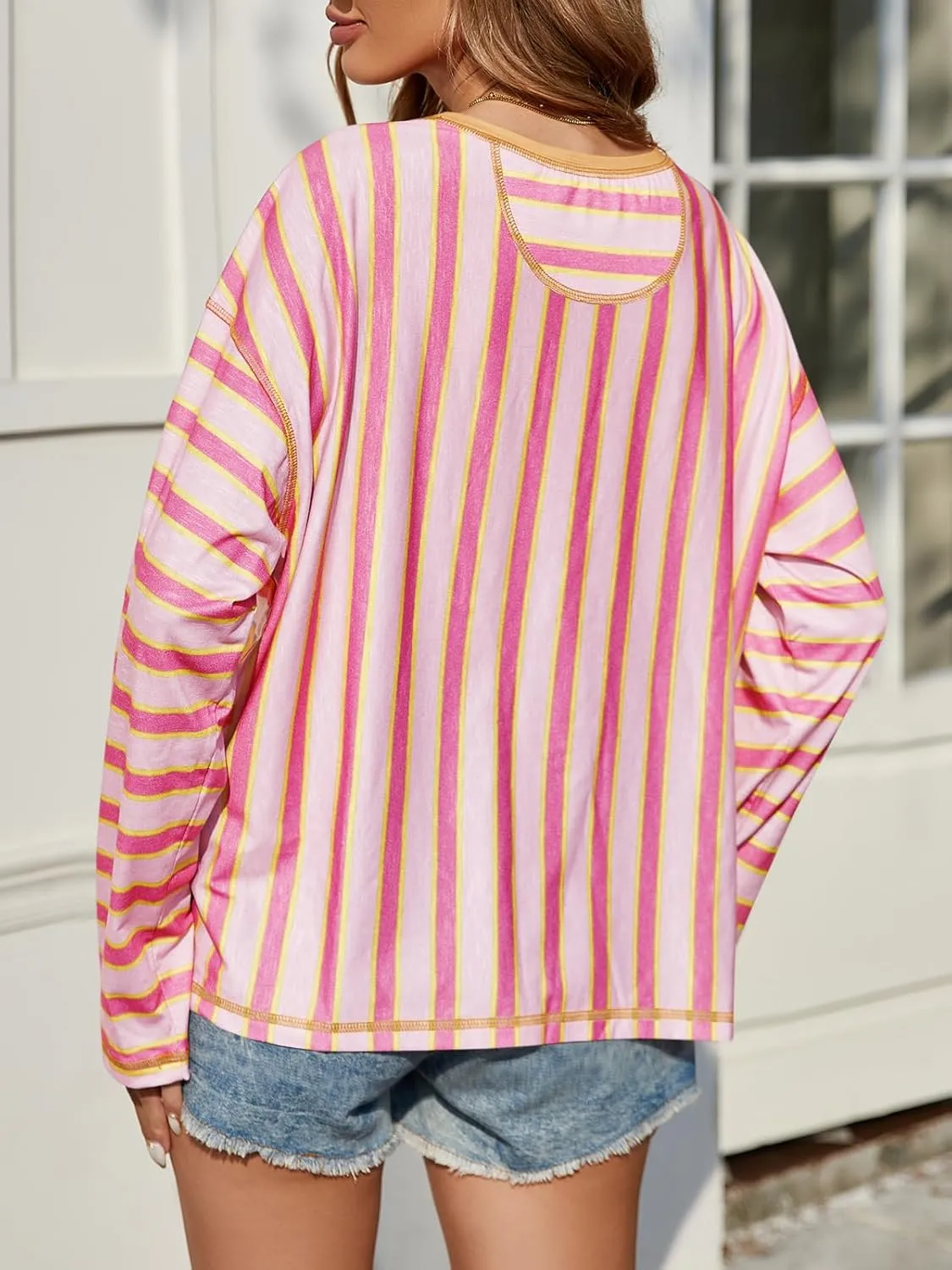 Tankaneo Womens Oversized Striped Shirts Color Block Crew Neck Sweatshirt Casual Loose Fit Long Sleeve Tops