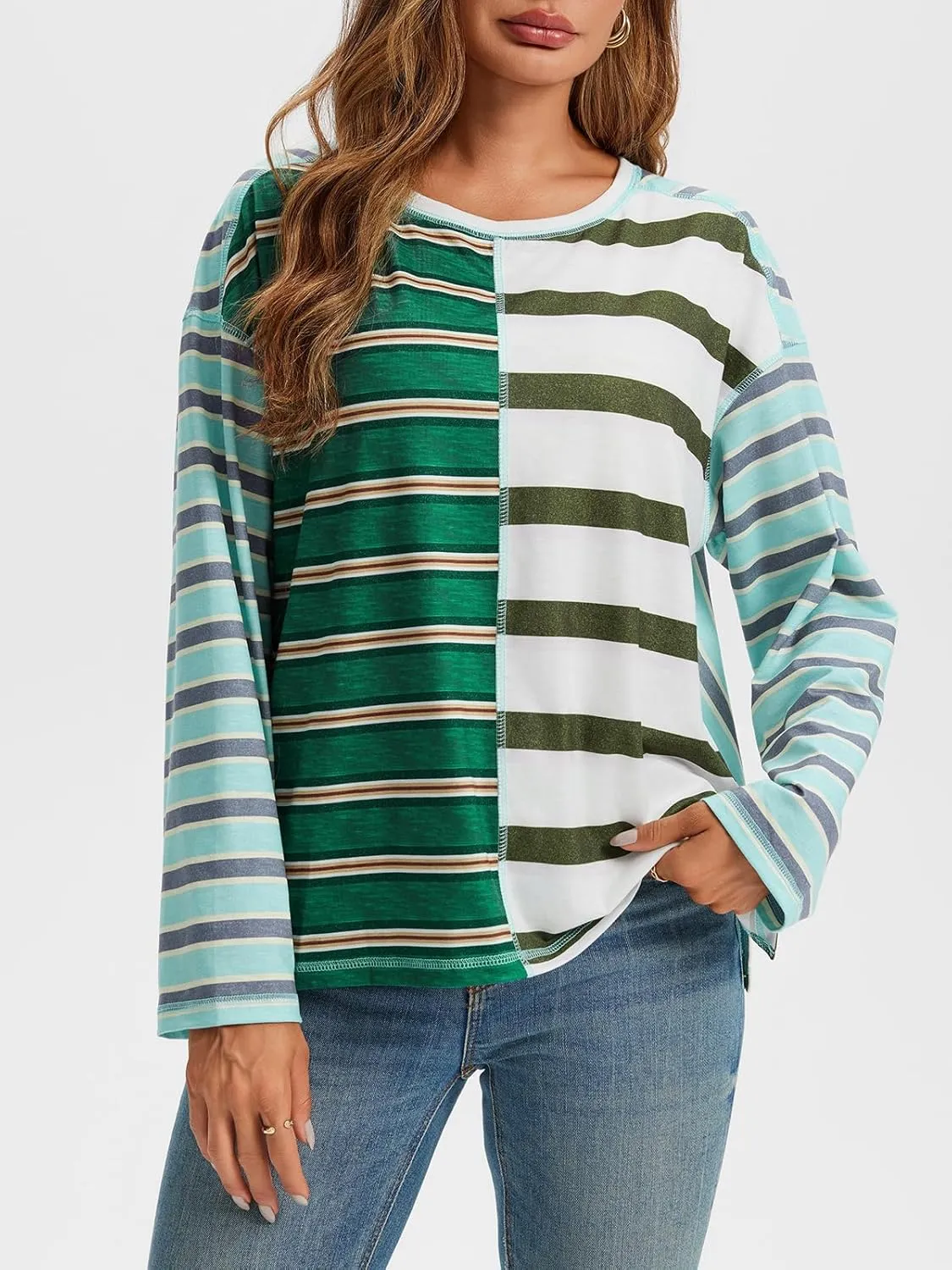 Tankaneo Womens Oversized Striped Shirts Color Block Crew Neck Sweatshirt Casual Loose Fit Long Sleeve Tops