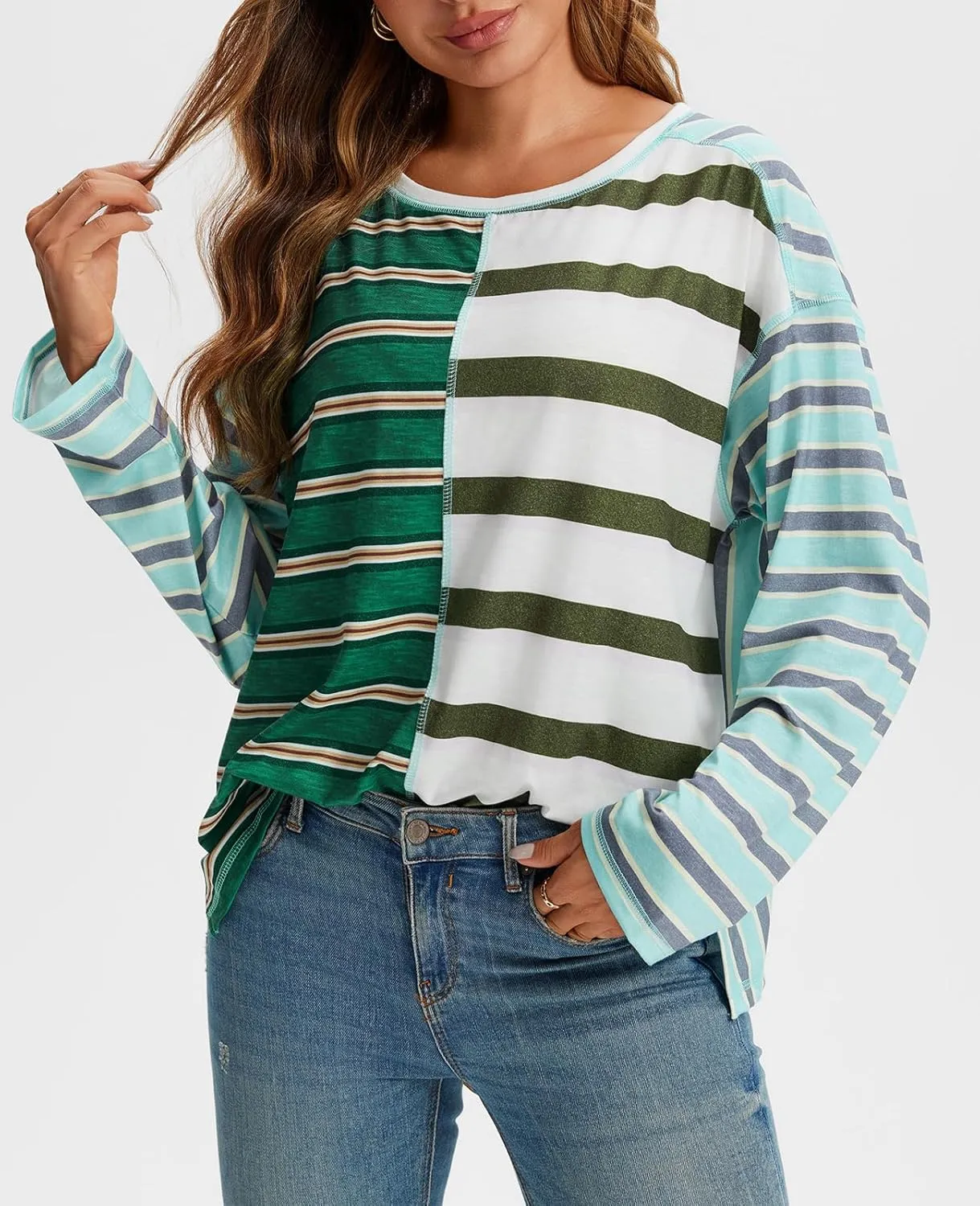 Tankaneo Womens Oversized Striped Shirts Color Block Crew Neck Sweatshirt Casual Loose Fit Long Sleeve Tops