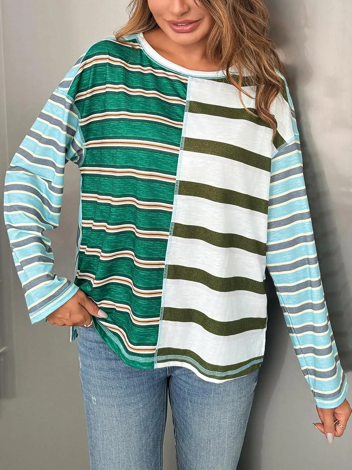 Tankaneo Womens Oversized Striped Shirts Color Block Crew Neck Sweatshirt Casual Loose Fit Long Sleeve Tops