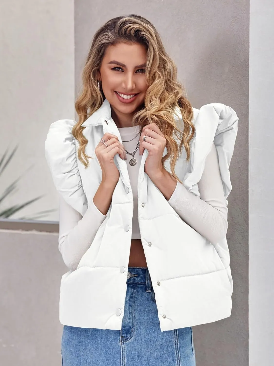 Tankaneo Womens Puffer Vest Ruffle Sleeveless Button Down Winter Warm Padded Gilet Coats