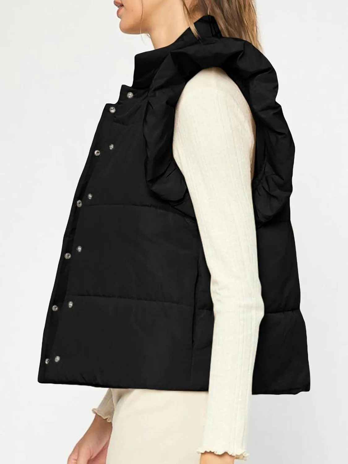 Tankaneo Womens Puffer Vest Ruffle Sleeveless Button Down Winter Warm Padded Gilet Coats