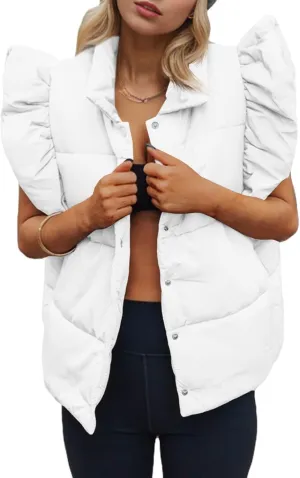 Tankaneo Womens Puffer Vest Ruffle Sleeveless Button Down Winter Warm Padded Gilet Coats