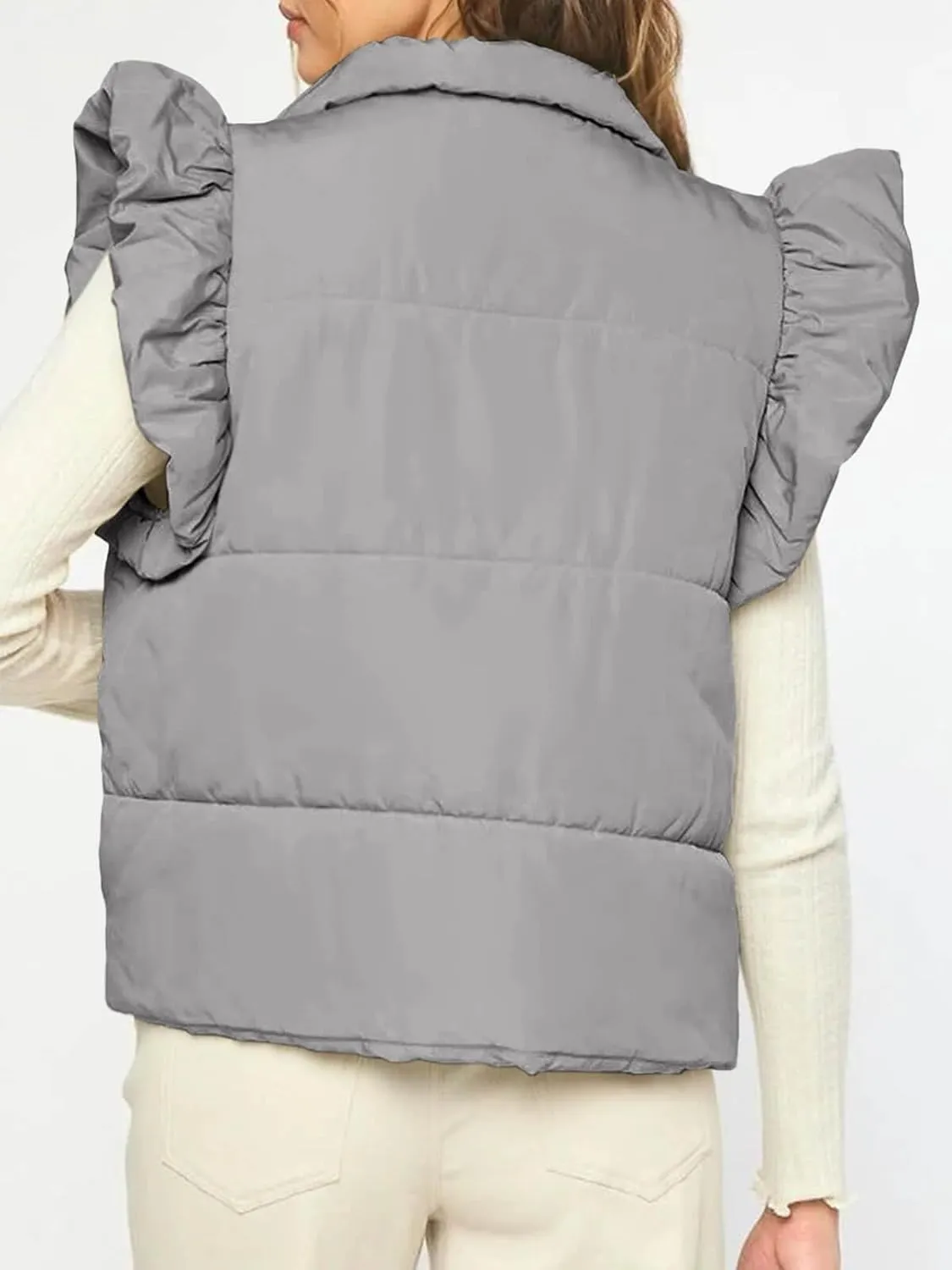 Tankaneo Womens Puffer Vest Ruffle Sleeveless Button Down Winter Warm Padded Gilet Coats
