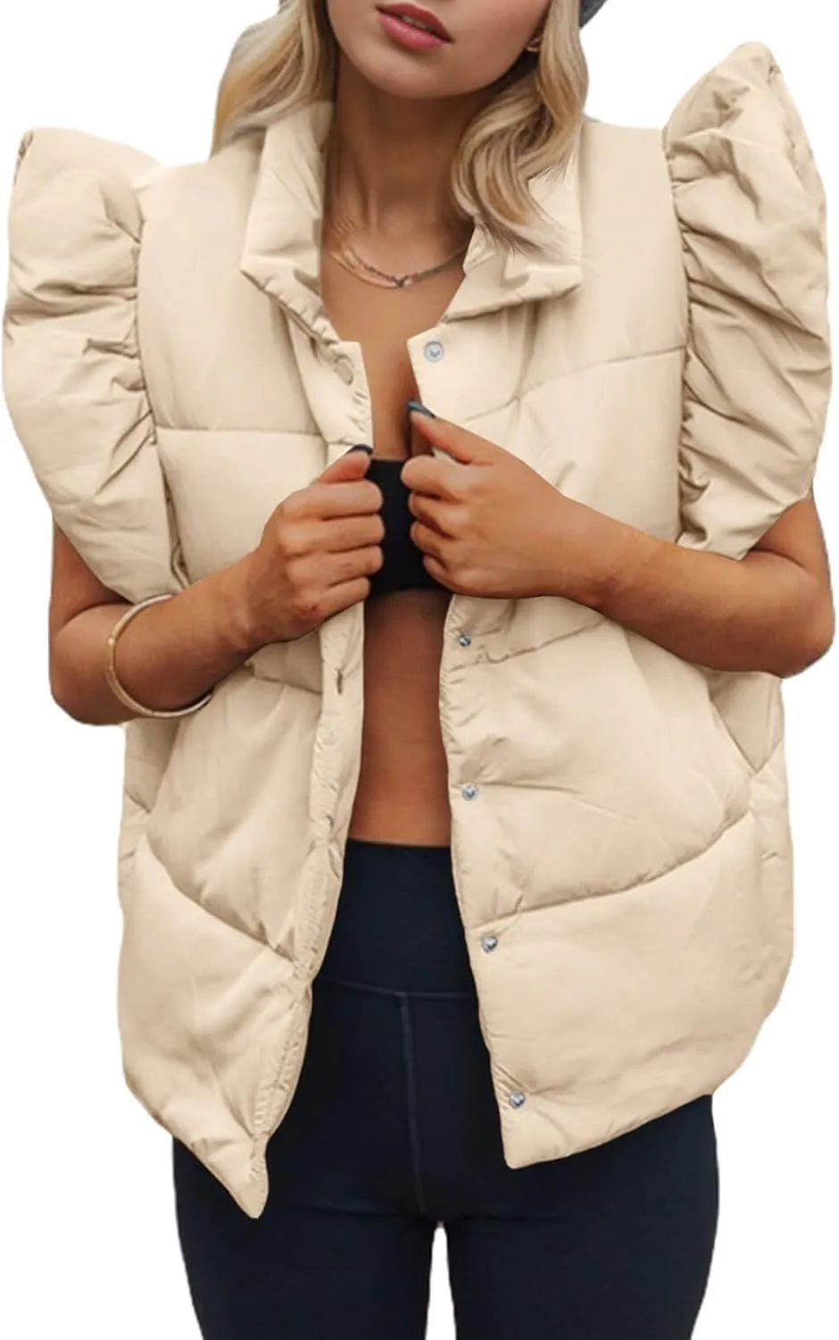 Tankaneo Womens Puffer Vest Ruffle Sleeveless Button Down Winter Warm Padded Gilet Coats