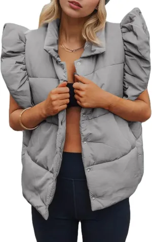 Tankaneo Womens Puffer Vest Ruffle Sleeveless Button Down Winter Warm Padded Gilet Coats