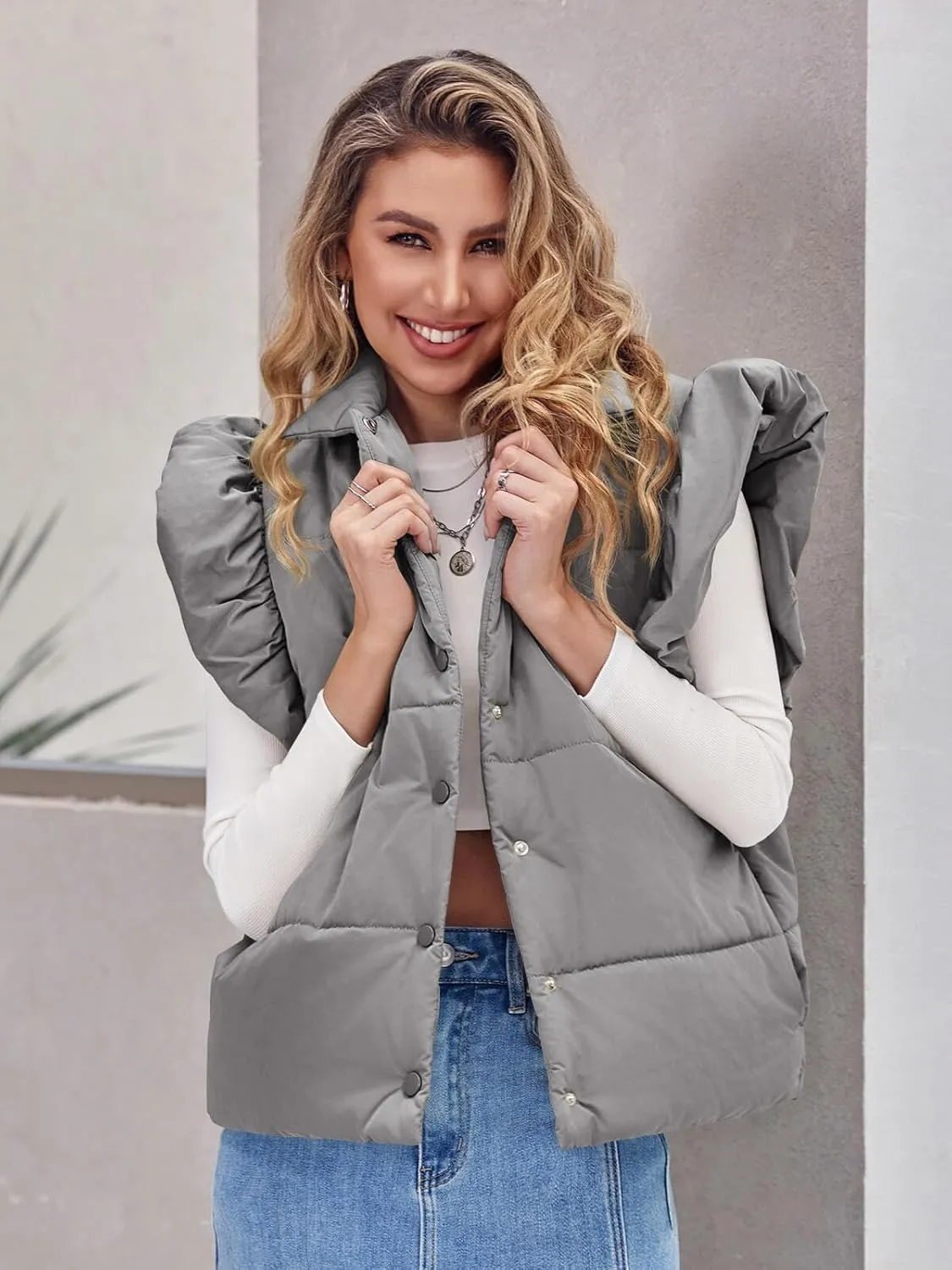 Tankaneo Womens Puffer Vest Ruffle Sleeveless Button Down Winter Warm Padded Gilet Coats