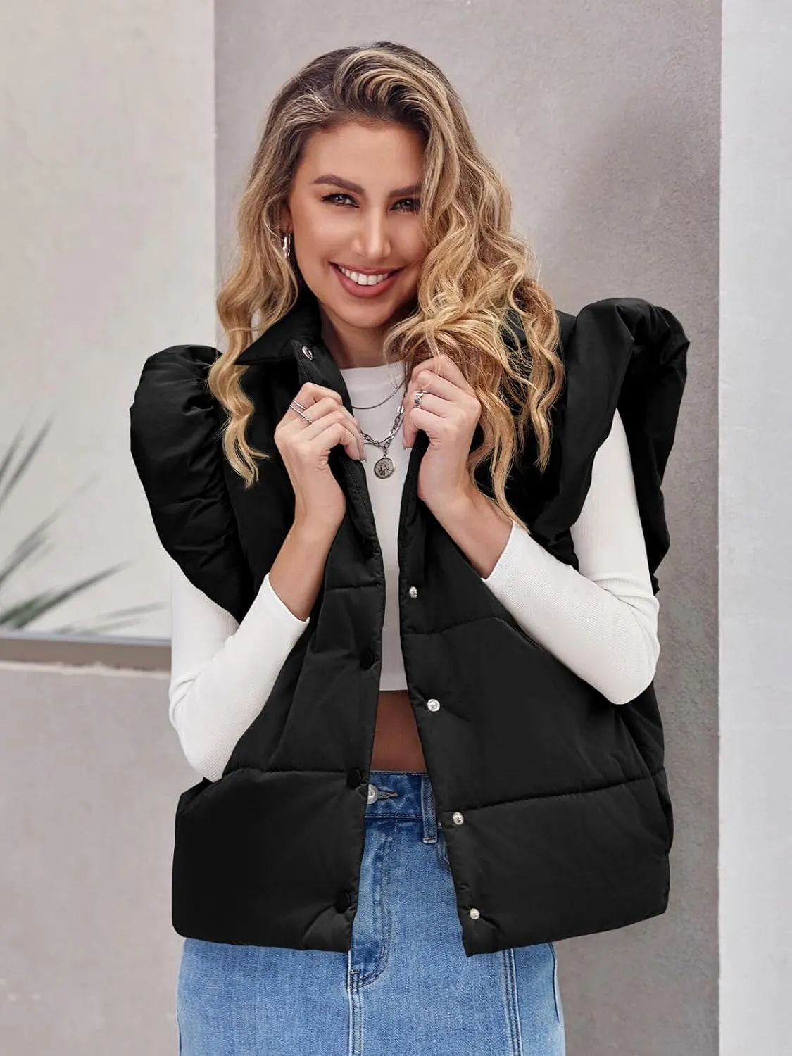Tankaneo Womens Puffer Vest Ruffle Sleeveless Button Down Winter Warm Padded Gilet Coats