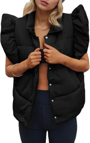 Tankaneo Womens Puffer Vest Ruffle Sleeveless Button Down Winter Warm Padded Gilet Coats