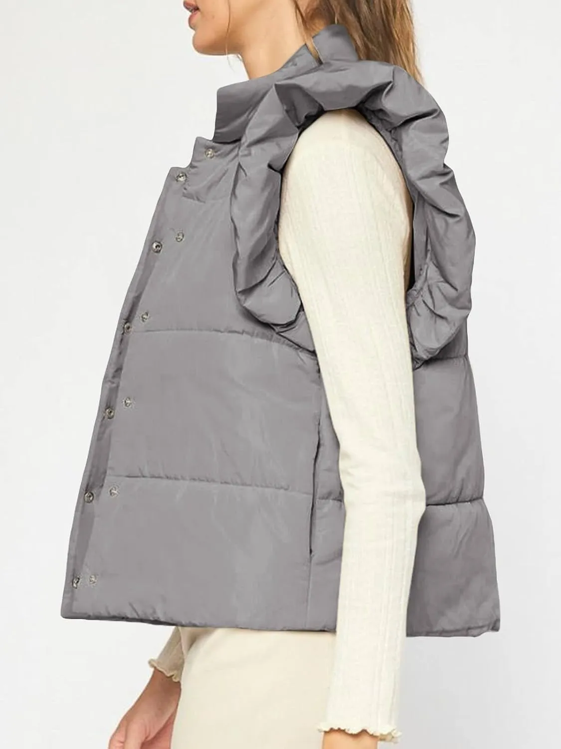 Tankaneo Womens Puffer Vest Ruffle Sleeveless Button Down Winter Warm Padded Gilet Coats