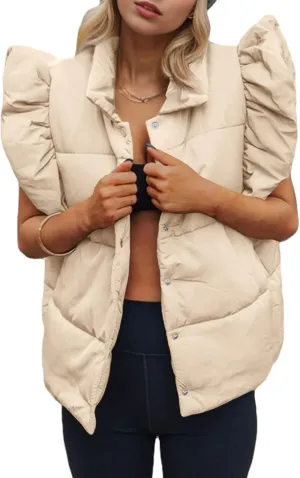Tankaneo Womens Puffer Vest Ruffle Sleeveless Button Down Winter Warm Padded Gilet Coats
