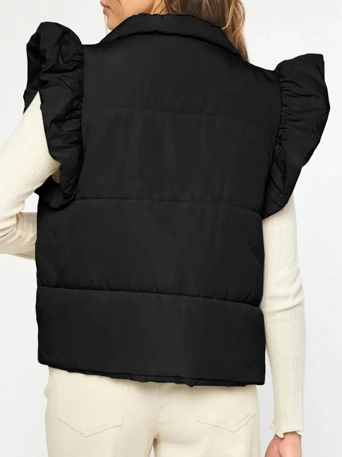Tankaneo Womens Puffer Vest Ruffle Sleeveless Button Down Winter Warm Padded Gilet Coats