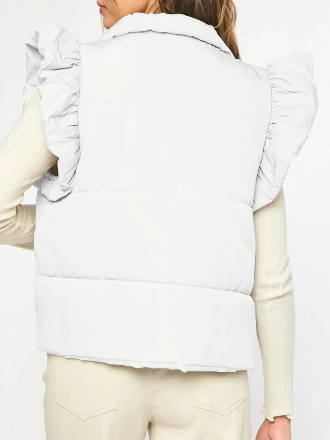 Tankaneo Womens Puffer Vest Ruffle Sleeveless Button Down Winter Warm Padded Gilet Coats