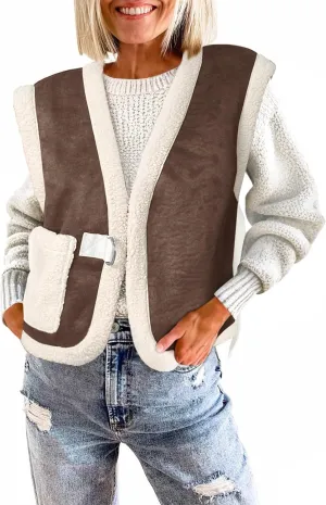 Tankaneo Womens Sherpa Vest Suede Lightweight Warm Sleeveless Fur Faux Fleece Jacket Coat