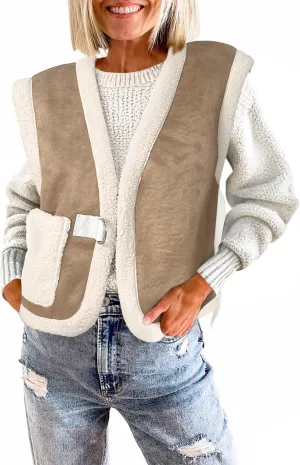 Tankaneo Womens Sherpa Vest Suede Lightweight Warm Sleeveless Fur Faux Fleece Jacket Coat
