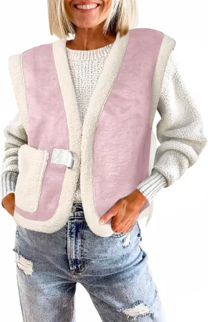 Tankaneo Womens Sherpa Vest Suede Lightweight Warm Sleeveless Fur Faux Fleece Jacket Coat