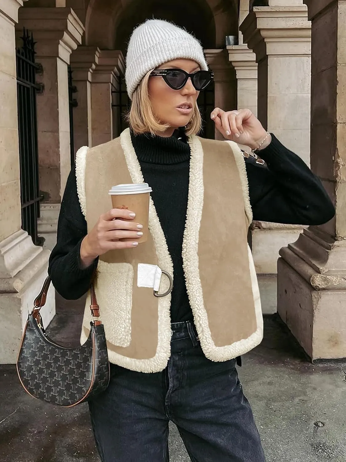 Tankaneo Womens Sherpa Vest Suede Lightweight Warm Sleeveless Fur Faux Fleece Jacket Coat