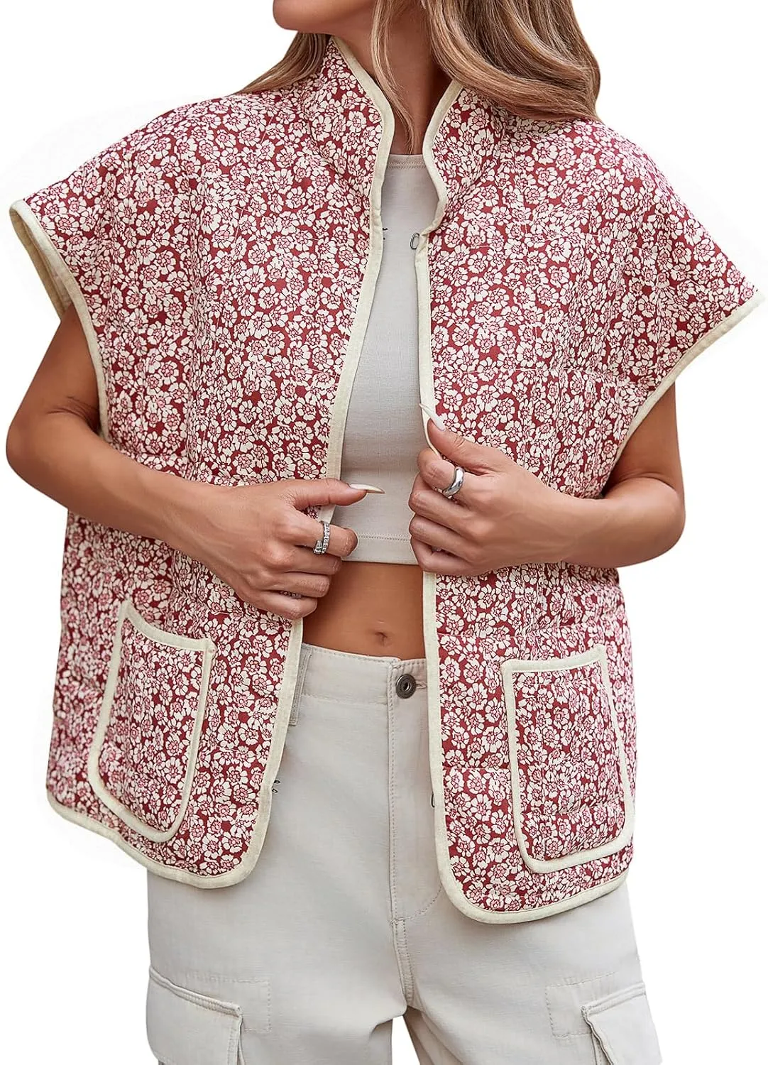 Tankaneo Womens Trendy Quilted Vests Outerwear Lightweight Floral Print Gilet Oversized Sleeveless Coats Jackets