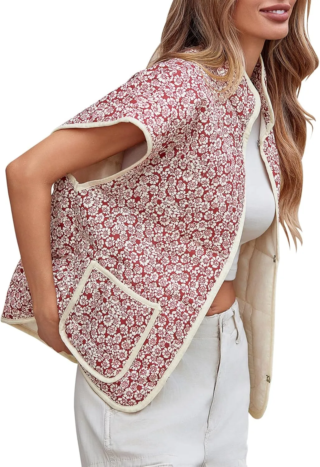 Tankaneo Womens Trendy Quilted Vests Outerwear Lightweight Floral Print Gilet Oversized Sleeveless Coats Jackets