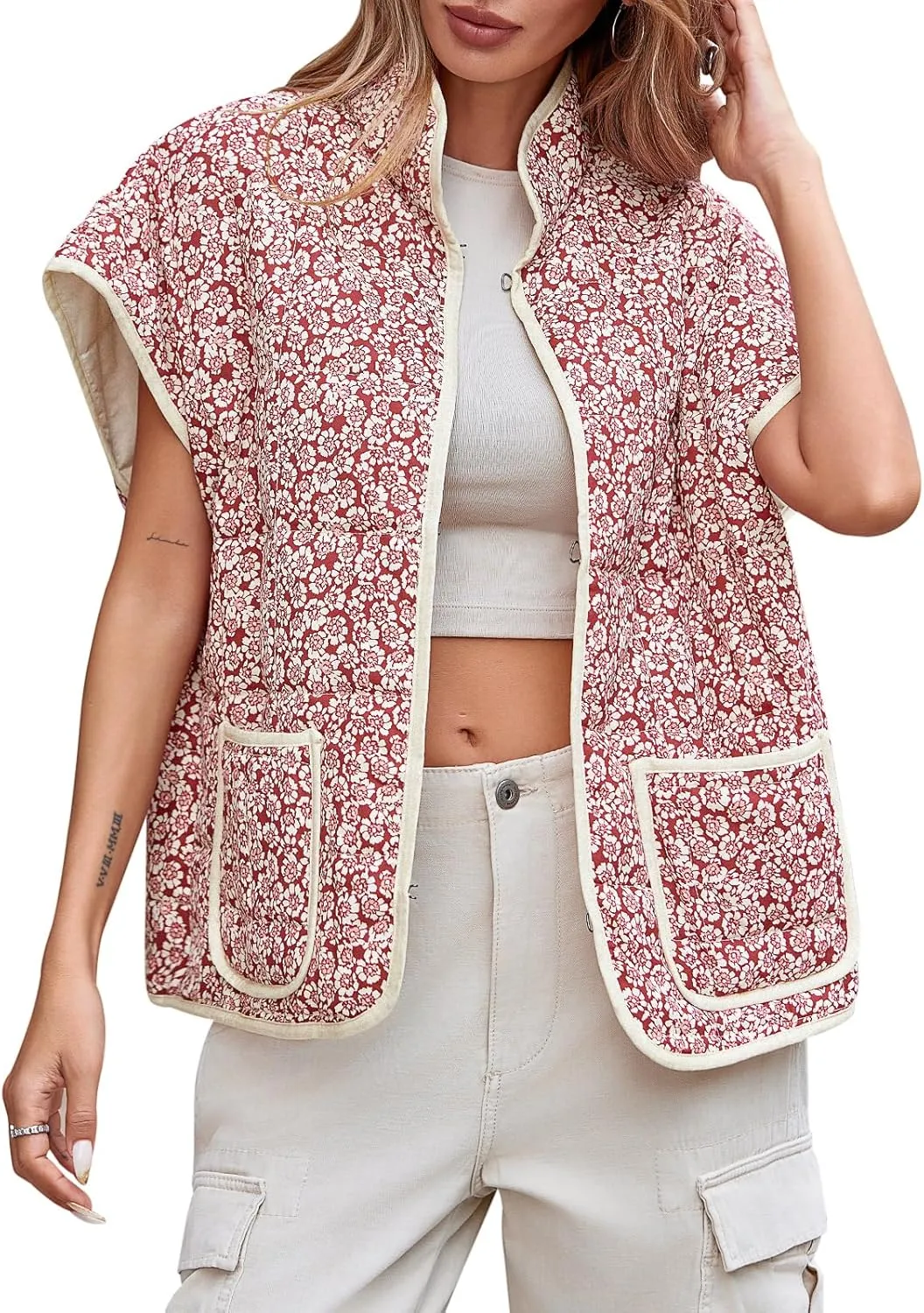 Tankaneo Womens Trendy Quilted Vests Outerwear Lightweight Floral Print Gilet Oversized Sleeveless Coats Jackets