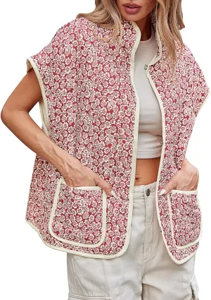 Tankaneo Womens Trendy Quilted Vests Outerwear Lightweight Floral Print Gilet Oversized Sleeveless Coats Jackets