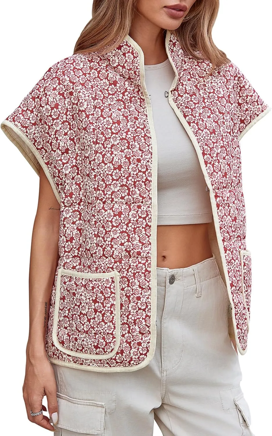 Tankaneo Womens Trendy Quilted Vests Outerwear Lightweight Floral Print Gilet Oversized Sleeveless Coats Jackets