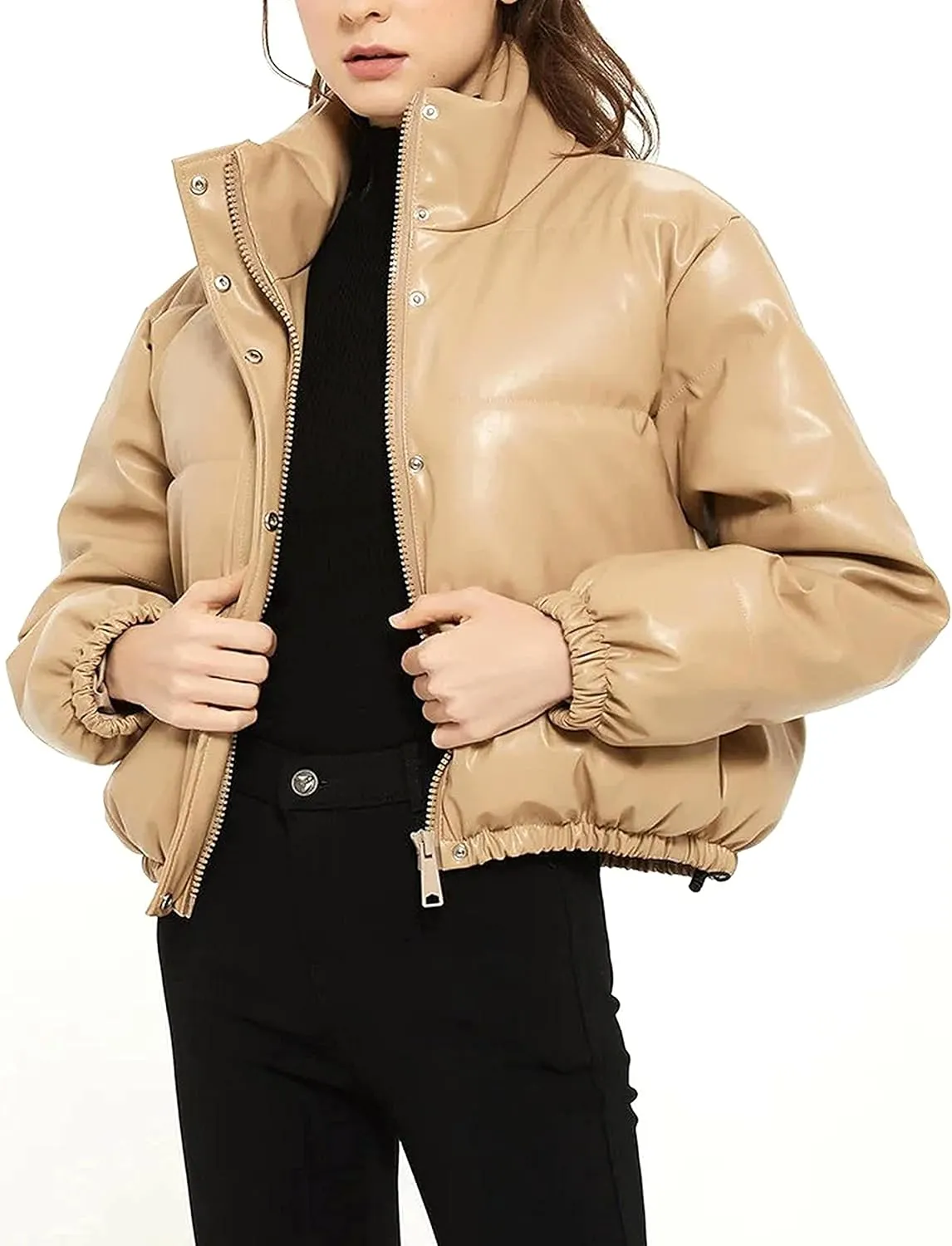 Tanming Womens Faux Leather Puffer Jacket Winter Long Sleeve Black Short Bubble Coat