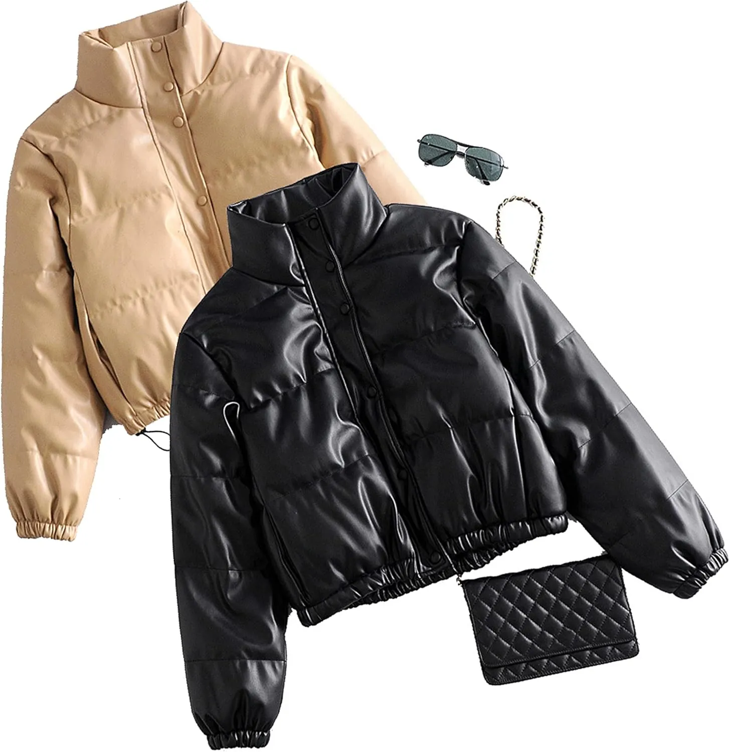 Tanming Womens Faux Leather Puffer Jacket Winter Long Sleeve Black Short Bubble Coat