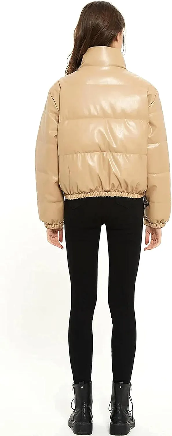 Tanming Womens Faux Leather Puffer Jacket Winter Long Sleeve Black Short Bubble Coat