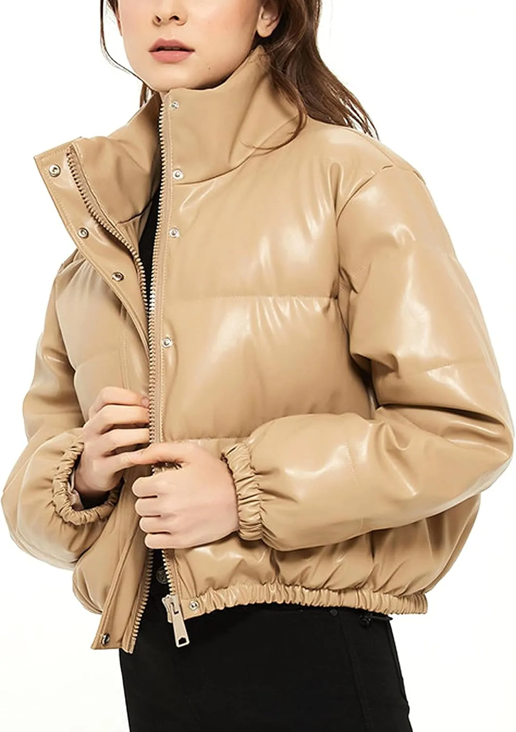 Tanming Womens Faux Leather Puffer Jacket Winter Long Sleeve Black Short Bubble Coat